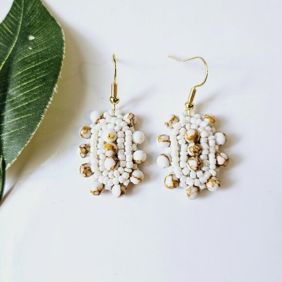 2/$27 | Tan Marble Shield Beaded Indigenous Hoop Earrings | Handmade - Picture 3 of 5